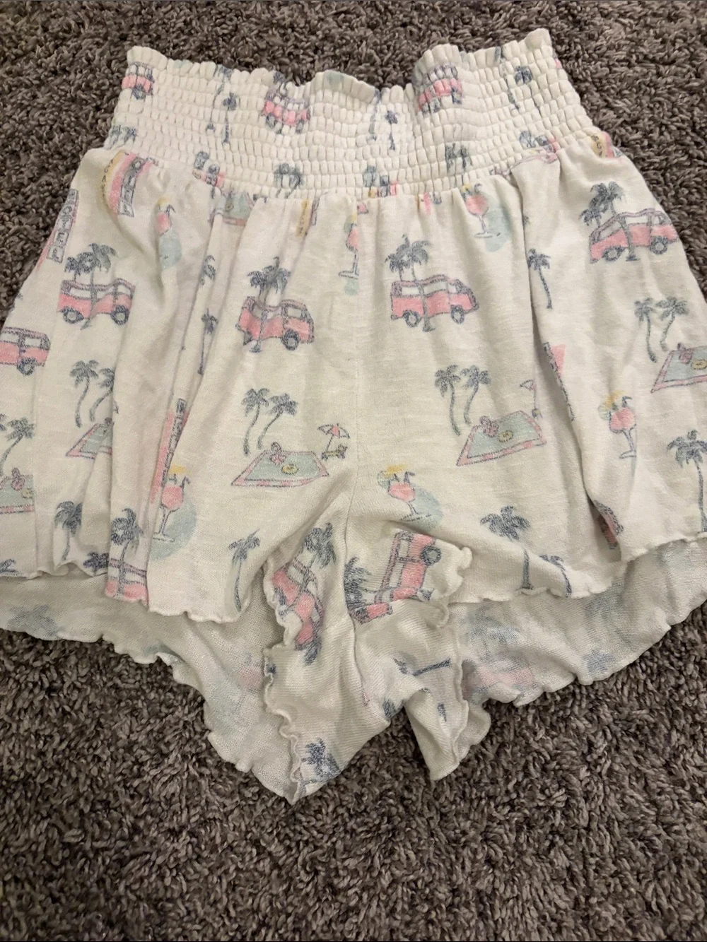 Girls White Smocked Waist Beach Print Shorts